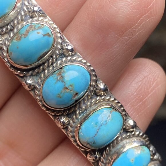 Signed S Navajo Artist Sterling Silver Bracelet REAL Turquoise 2" wide 6" around - Picture 4 of 7